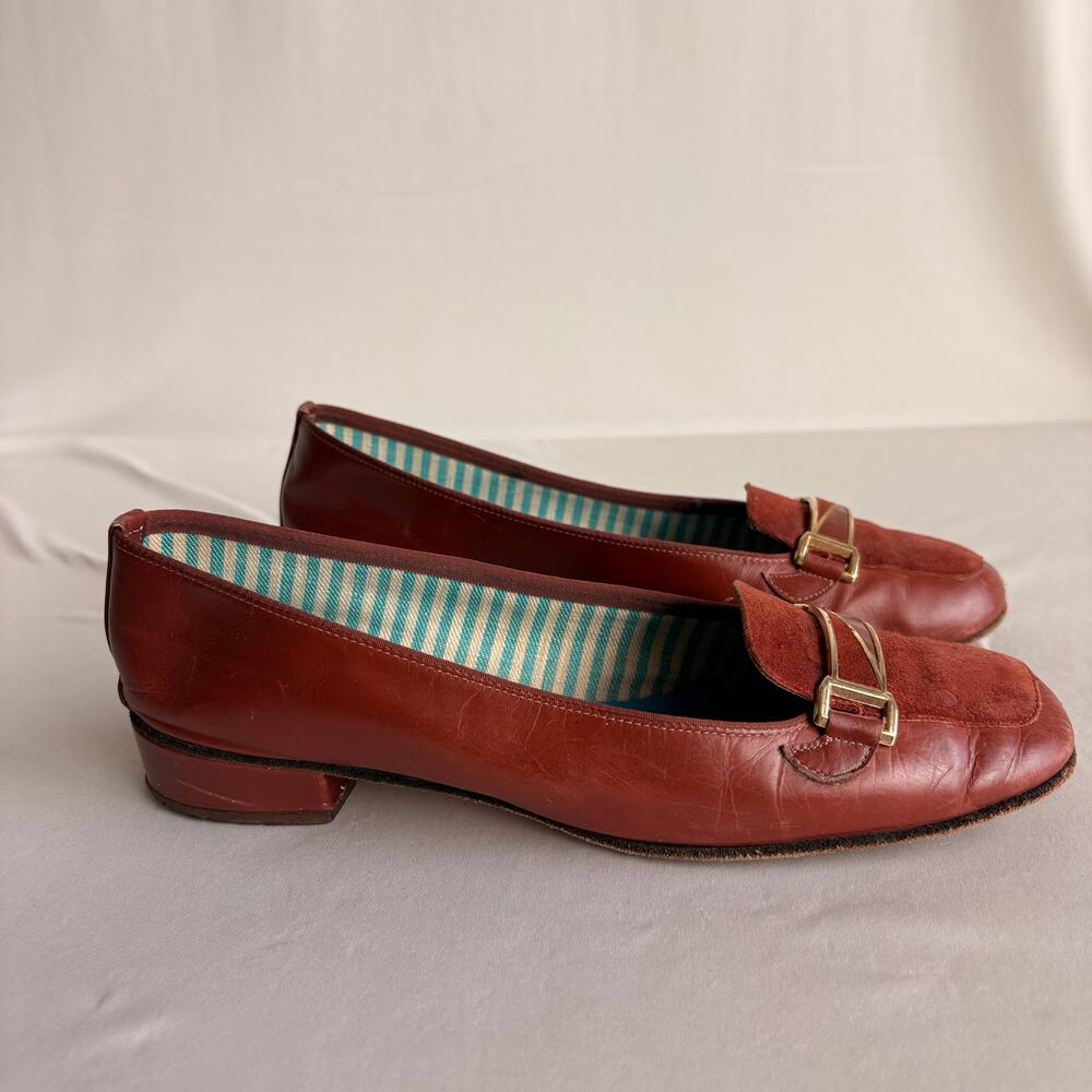 Vintage Pappagallo Cognac Leather & Suede Loafers - Gold Buckle, 7.5